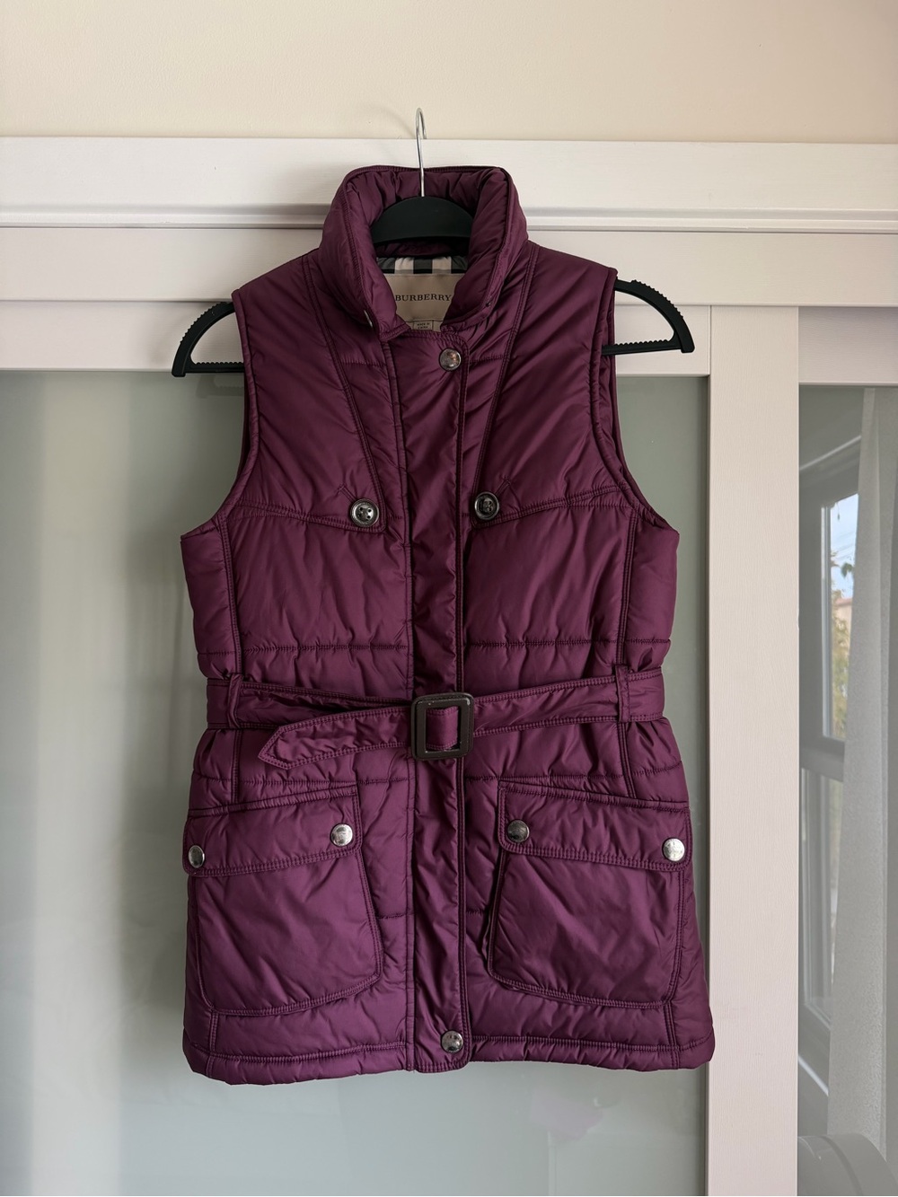 Burberry Quilted Belted Vest in Deep Plum